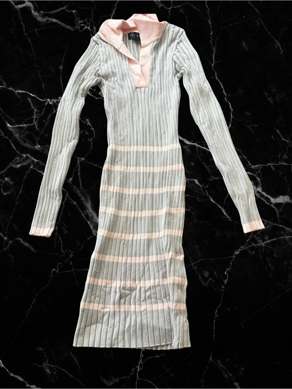 Striped Ribbed Knit Bodycon Dress in Light Pink and Grey